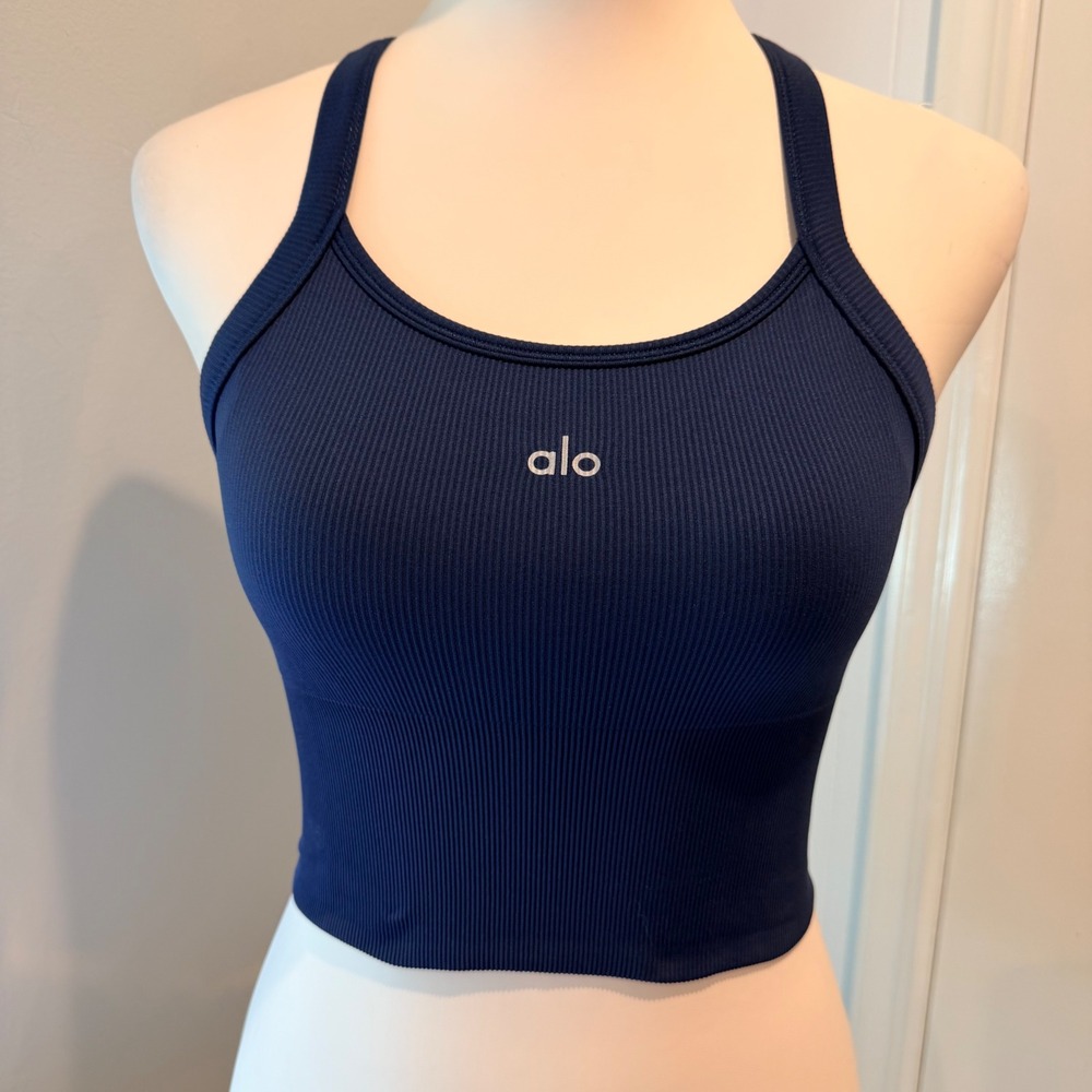 Alo Yoga Seamless Ribbed Favorite Bra Tank Navy Blue Adjustable Straps | Size S